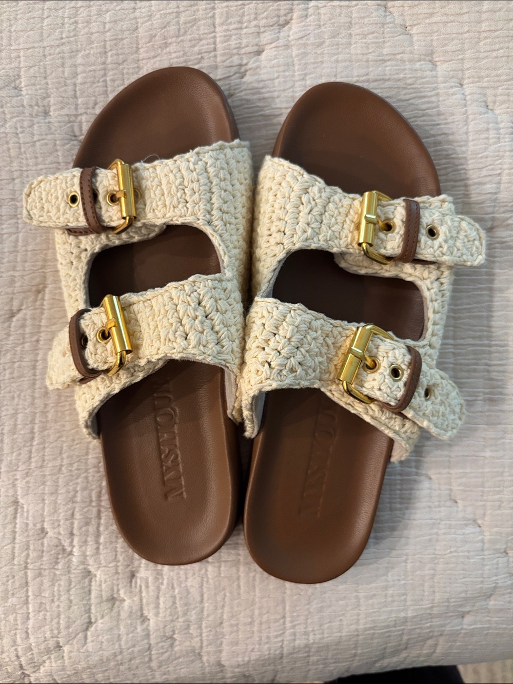 Mystique woven cotton sandal with adjustable gold double buckle.